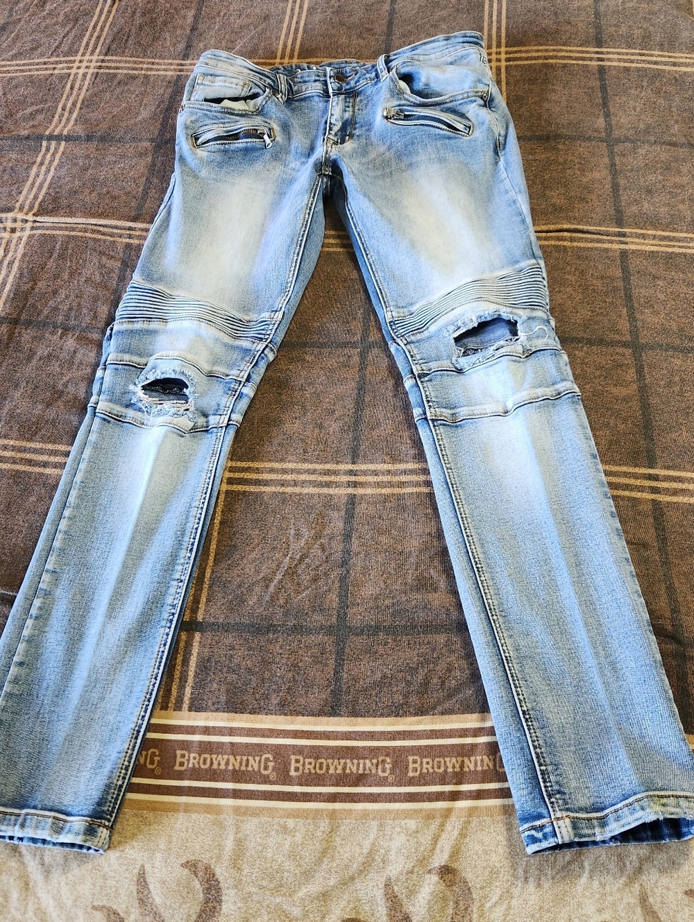 Kilogram Mens Moto Biker Jeans Light Wash Distressed Slim‎ Fit Blue Sz 34 Ribbed